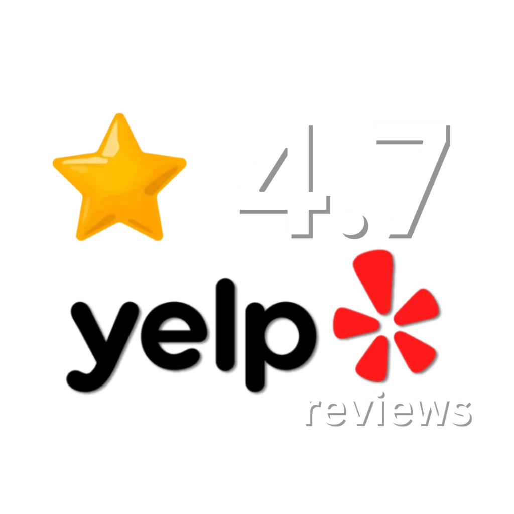 Yelp review graphic showing 4.7-star rating with red flower icon