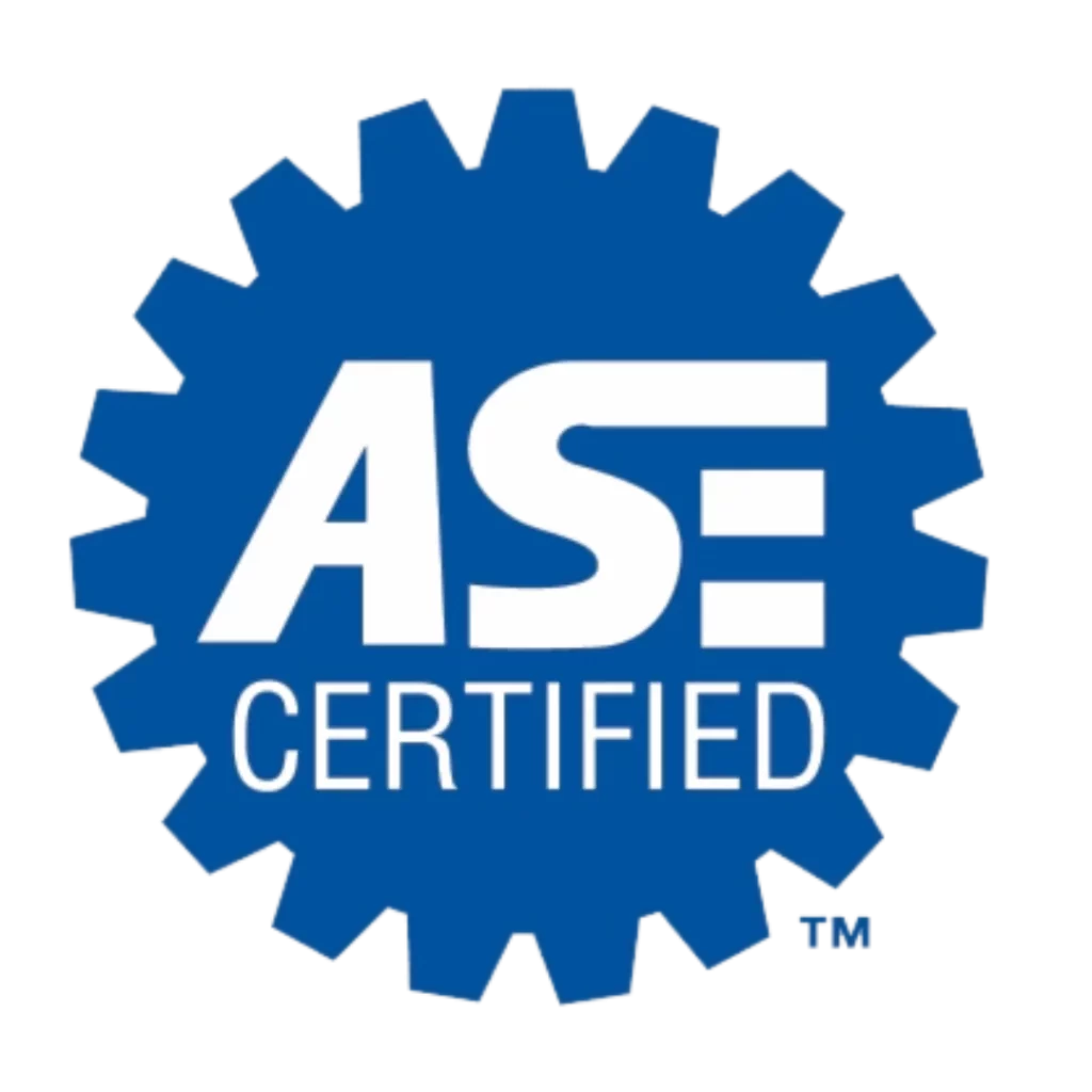 Blue gear-shaped ASE Certified logo on transparent background