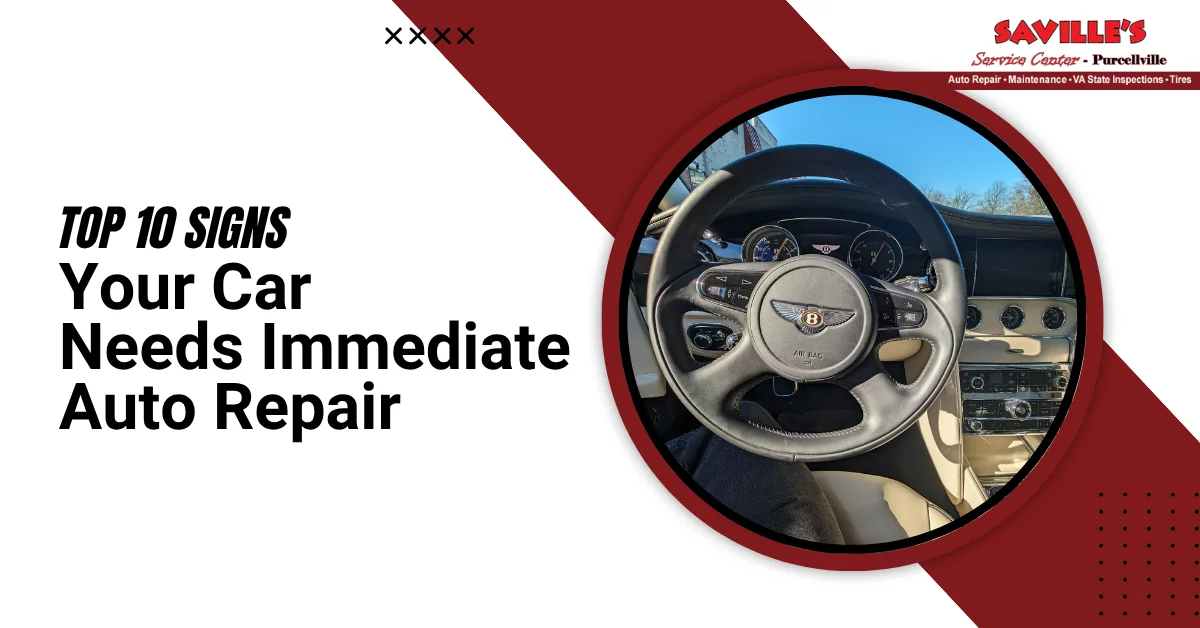 Infographic with steering wheel close-up and bold text on top 10 urgent auto repair signs